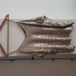INC draped sequin spaghetti strap tank top, beige, Size XL